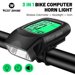 WEST BIKING 3 in 1 Wireless Bike Computer With Horn USB Rechargeable LED Flashlight Waterproof Bicycle Light Cycling Speedometer