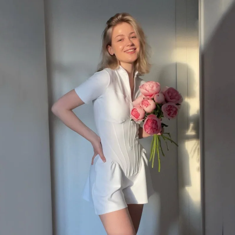 

2026 Women Spring Summer Y2K Sexy Tight Jumpsuit Round Neck Short Sleeve Zipper Slim Fit Skirt Romper Cross Border