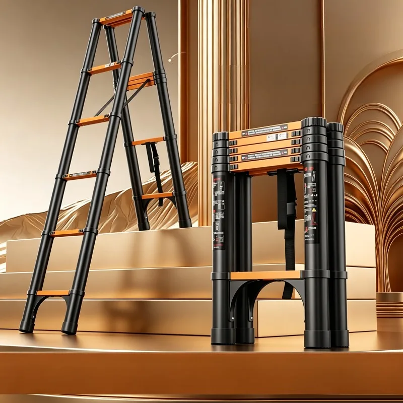 Thickened Carbon Steel Telescopic A-Frame Ladder,Multi-Function Folding Home Engineering Ladder,Portable Wheels Anti-Slip Sturdy