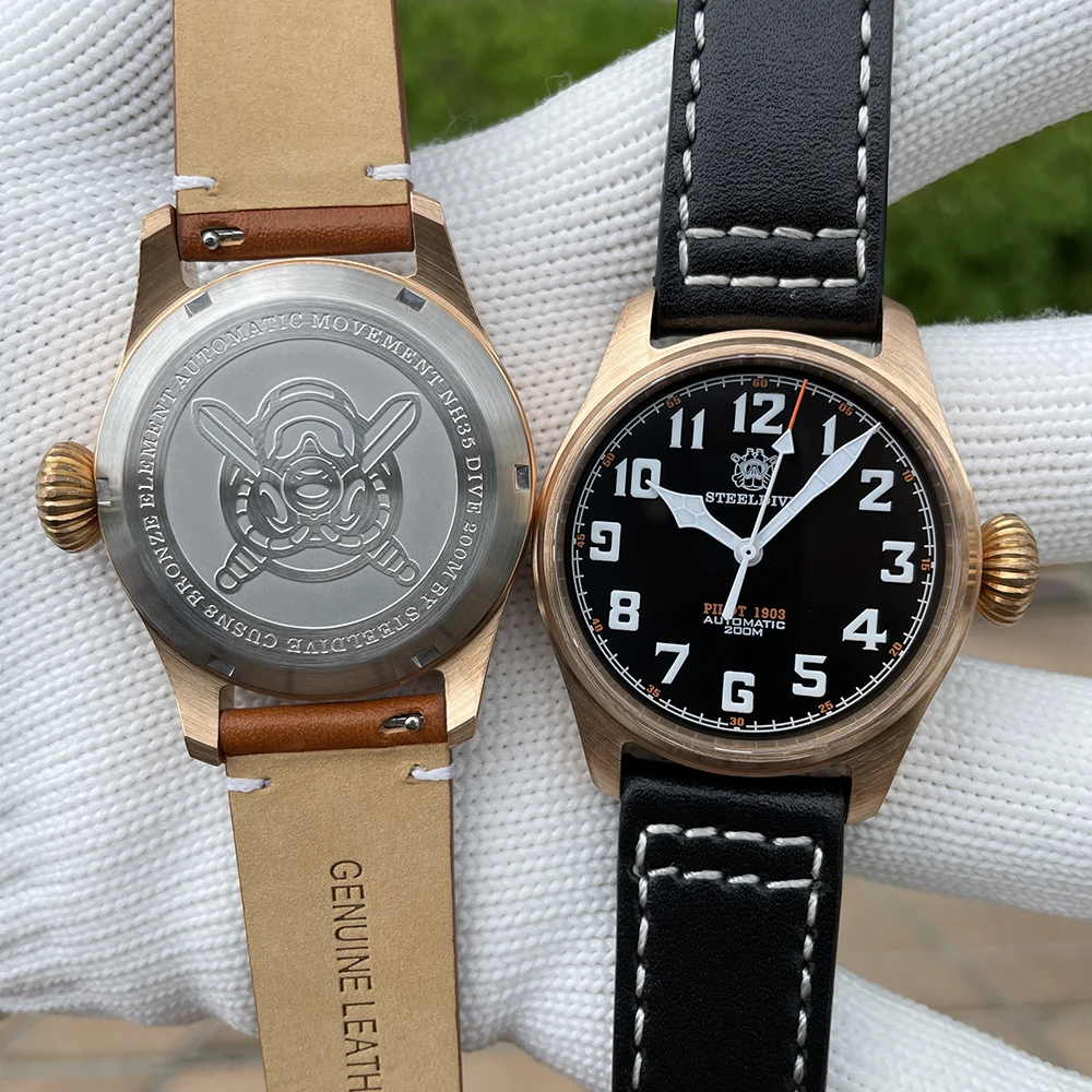 STEELDIVE Brand 39MM Solid Bronze Case Super Luminous Black Dial Leather Strap 200M Waterproof NH35 Dive Watches for Men