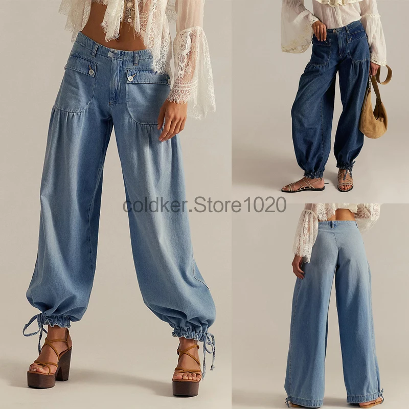 New Women Washed Pleated Mid-waist Jeans Four Seasons Fashion Loose Straight Jeans Casual Wide-leg Lotus Pants Female Streetwear