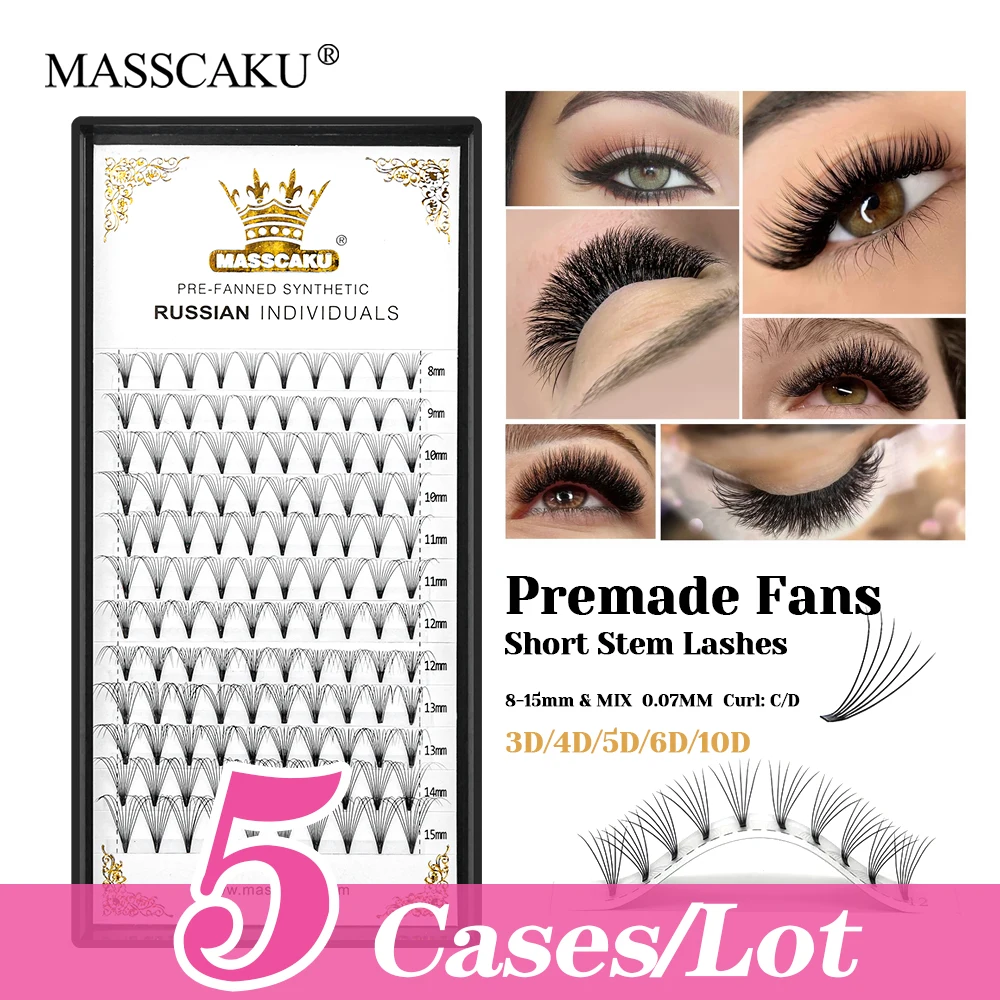 

MASSCAKU New Design 5cases/lot C/D Curl Fluffy Premium Velvet Fiber Lash Short Stem Premade Volume Fans Lashes for Beauty Salon