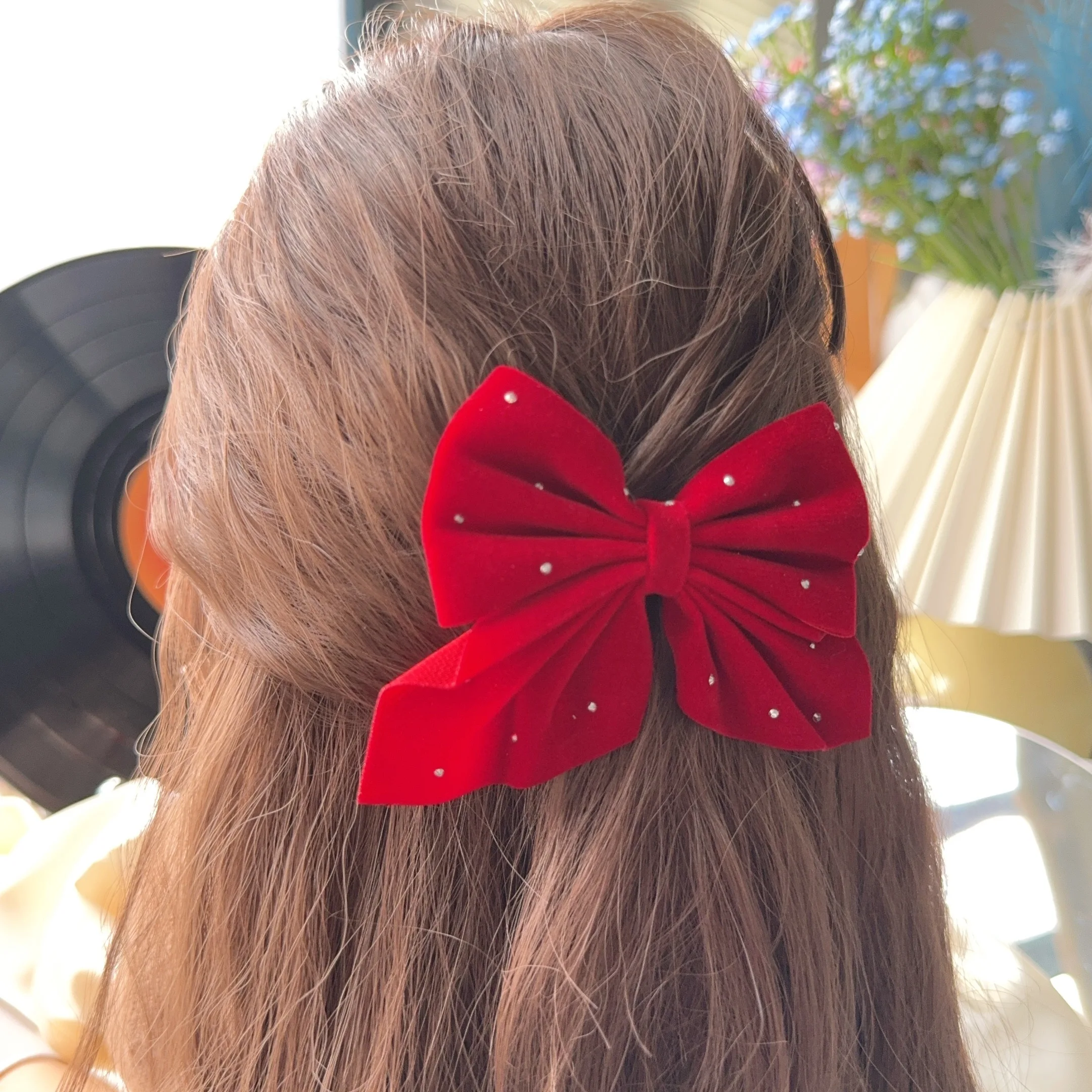 2Pcs Starry Dots Red Velvet Bow Hair Pins Hair Clips Kids Girls Fashion Christmas Barrettes Ponytail Holder Headwear Accessories