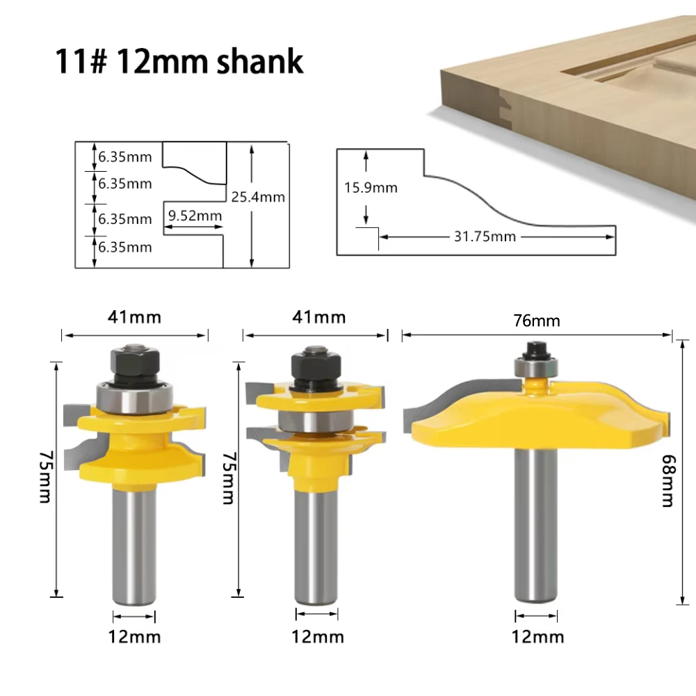 3pcs 12mm Shank Rail & Stile Ogee Blade Cutter Panel Raised Cabinet Router Bit Set Door Tenon Woodworking Tools