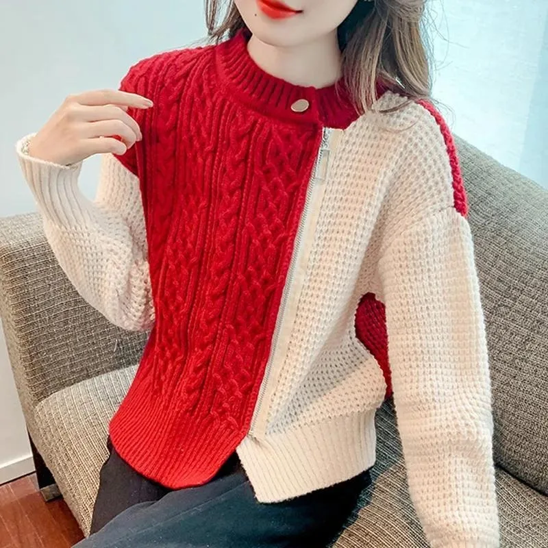 Autumn and Winter Women\'s Pullover Round Neck Patchwork Zipper Sweater Fashion Casual Commuter Long Sleeve Tops