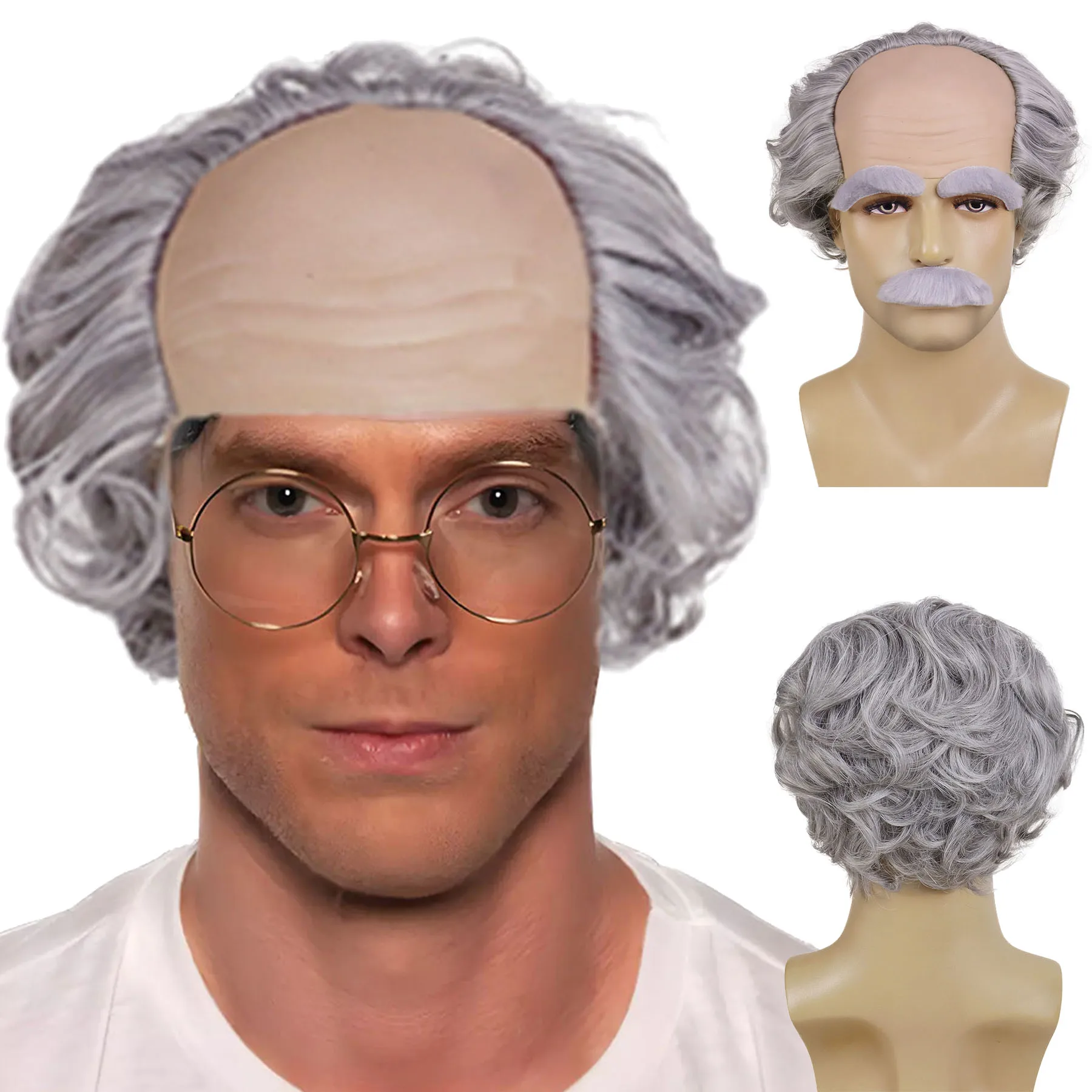 Synthetic Grey Cosplay Wig and Mustache Eyebrows Short Curly Old Man Bald Head Wig Receding Hairline Grandpa Wigs Daily Costume