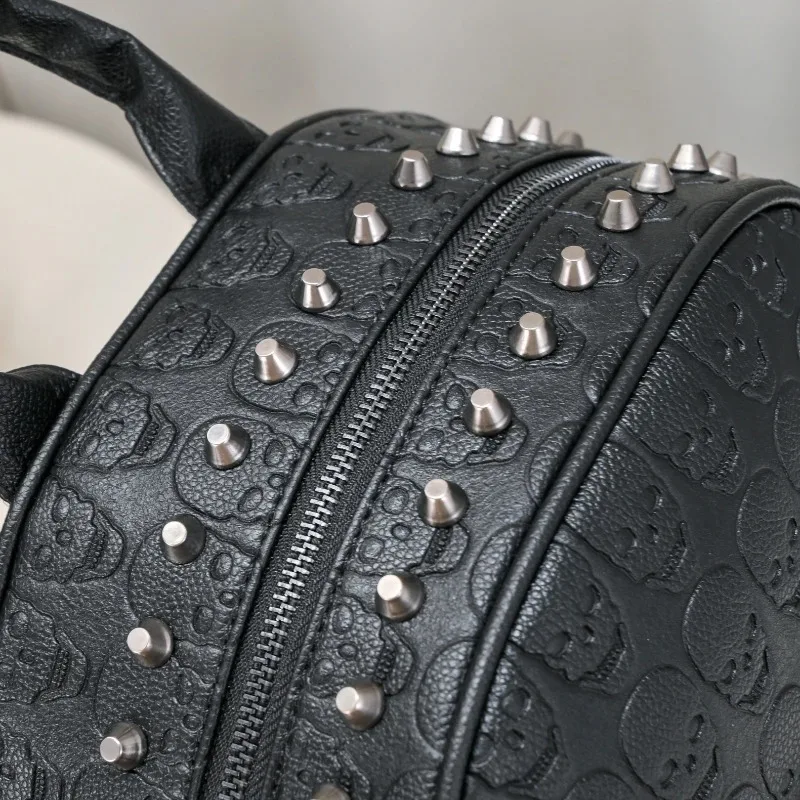 Punk Style PU Leather Bag Fashion Rivet Travel Goth Skull Embossed Backpack for Women Studded Decor Daypack