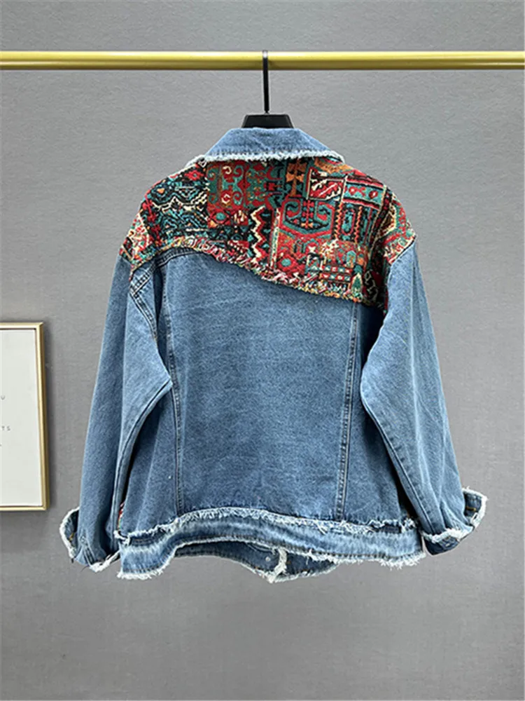 Women New National Style Embroidery Denim Jackets Spring Autumn Bomber Jacket Unisex High Streetwear Casual Chic Cowboy Outwear