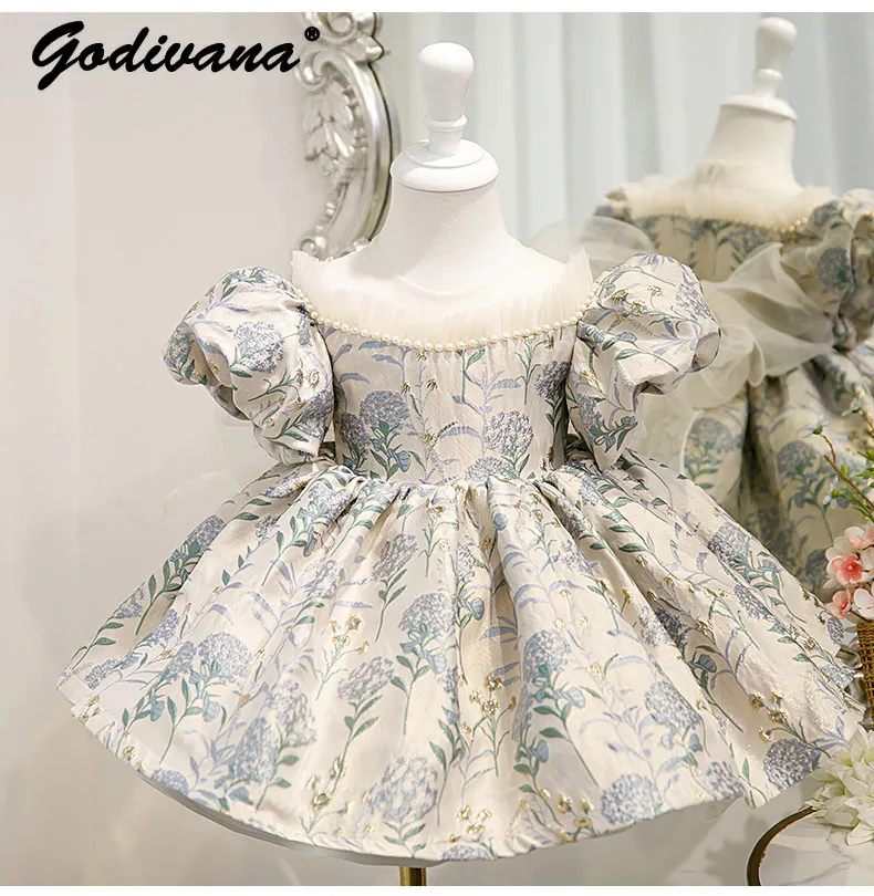 

Baby Girls New Princess Gown Kids Puff Sleeve Lace Ruffle Trim Pearl Neck Embroidery Host Piano Performance Party Tutu Dress