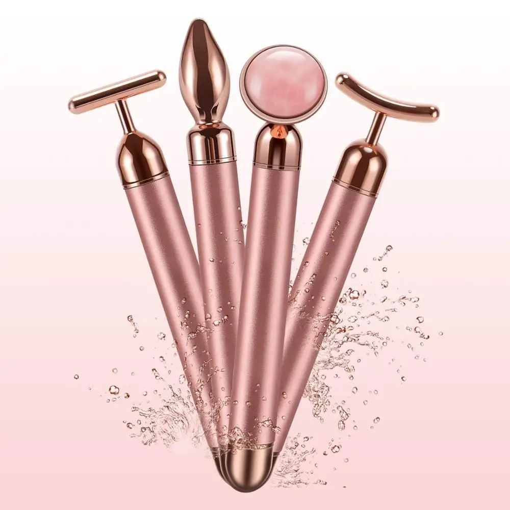 4 in 1 Vibrating Rose Quartz Roller Face Roller Eye Massager Jade Roller T/V Shaped Face Lifting Slimming Beauty Care Massager