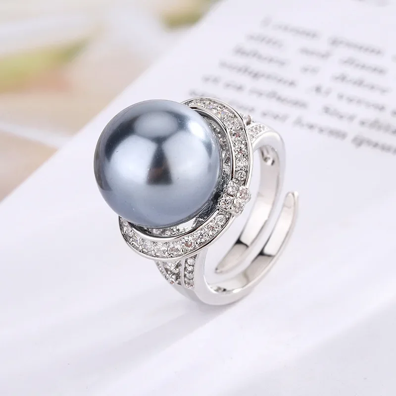 Autumn and Winter New High-end Jewelry Luxury Inlaid Copper-plated Platinum Pearl Temperament Simple Women's Ring 14mm Jewelry