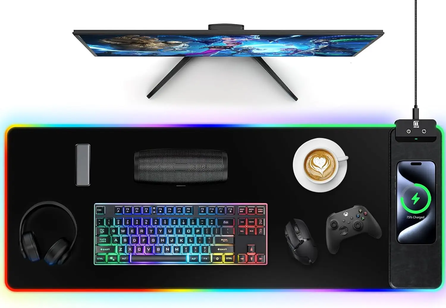 Mouse Pad with Wireless Charging, Large Desk Mat RGB Gaming Mousepad, 10 Light Colors LED Gaming Pad Keyboard Pad with