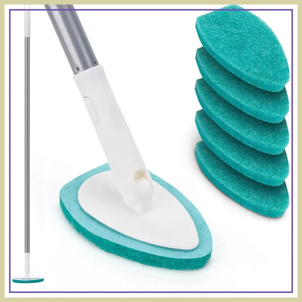 Shower Scrubber with Long Handle, 47'' Bathtub Scrub Brush, Bathroom Tub and Tile Cleaning Tool with 6 Refill Pads