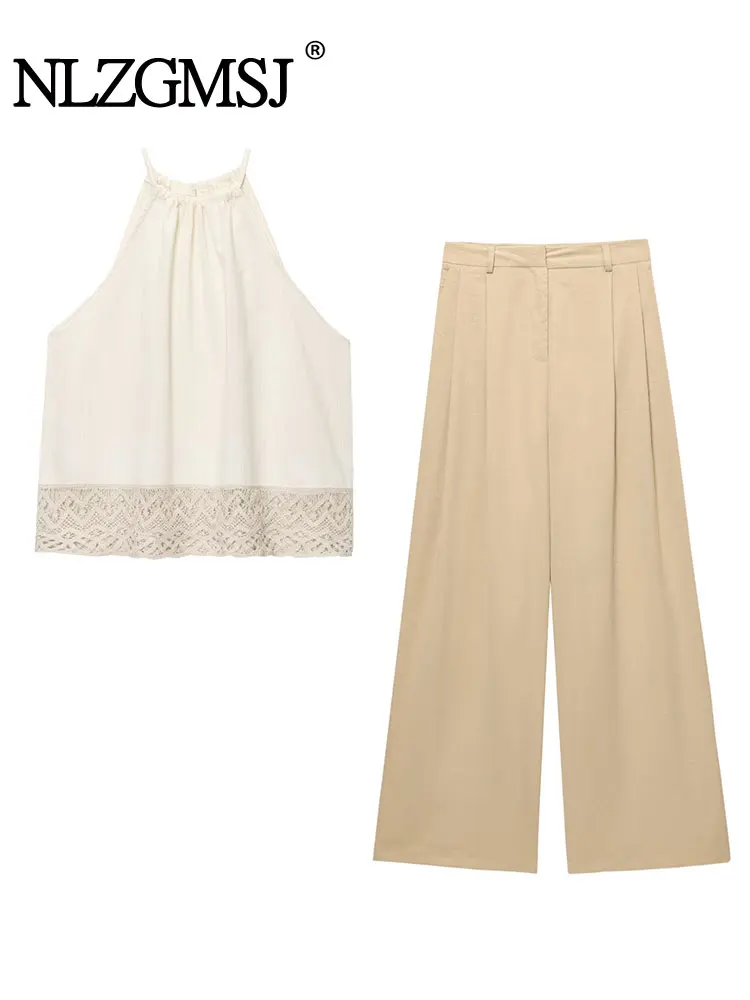 

NLZGMSJ уличные костюмы женские сексуальные укороченные топы без рукавов с лямкой на шее + широкие брюки с высокой талией модный комплект из 2 предметов