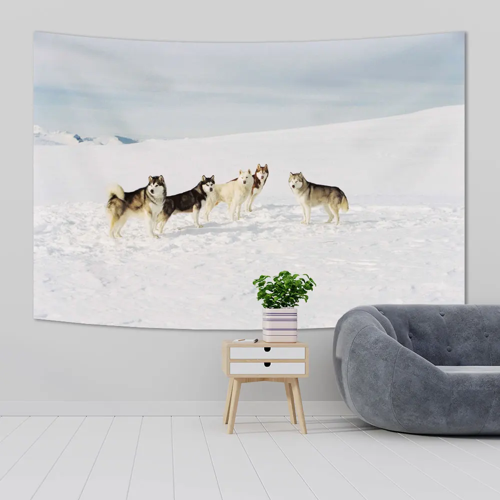 Snowy Mountain Wolf Tapestries Wall Hanging Holy Animals Pattern Printed Background Cloth Bedroom Living Room Decor