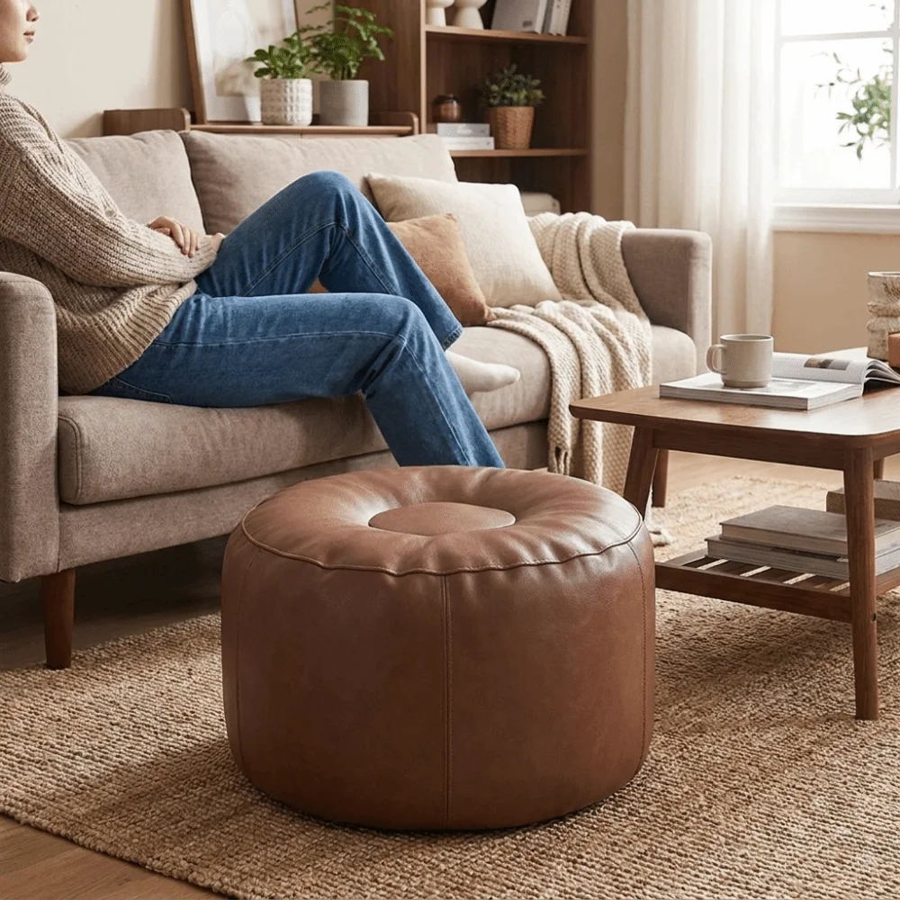 Lazy Sofa Cover PU Leather Pumpkin Pouf Cover Minimalist Non-Slip Pouf Cover Unstuffed Large Capacity Sofa Stool Cover Bedroom