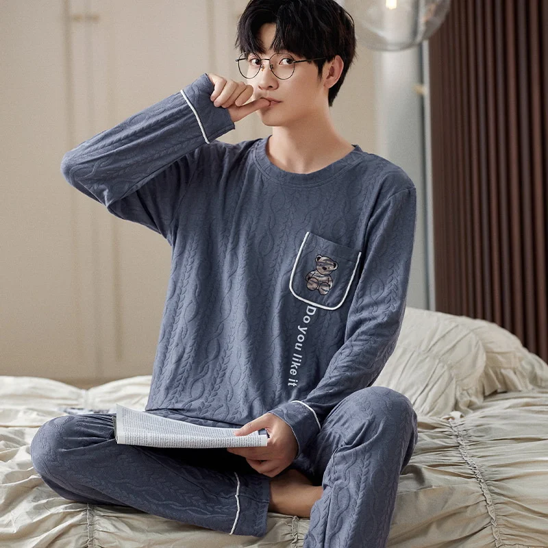 Spring Autumn Fashion Knitted Men Sleepwear Letter  Plaid  Long Sleeves Trousers Pajamas Sets Casual Loose Cotton Lounge Wear