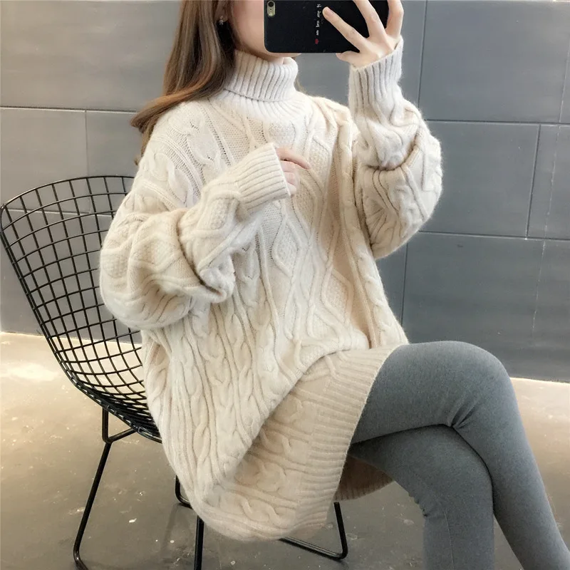 Spring Pullovers Women Thick Sweaters Turtleneck Mid Length Tops Jumper Y2k Streetwear Casual Loose Elegant Splice Autumn Winter