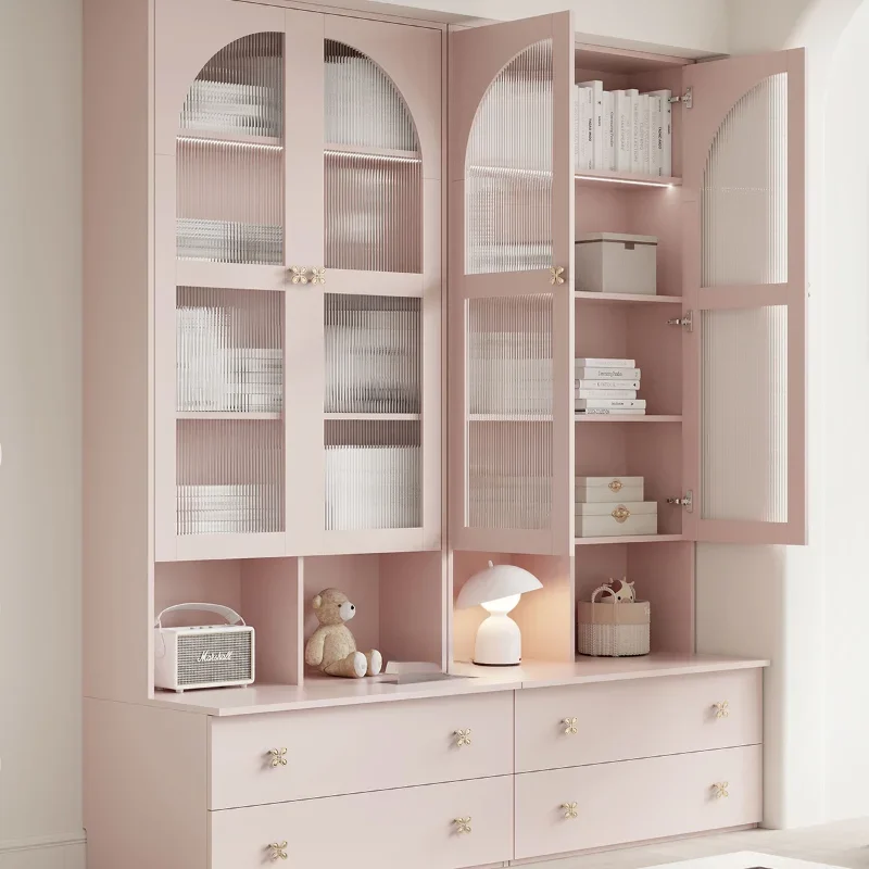 

Full wall with card seat bookcase integrated to the top to go to the living room background wall high cabinet pink glass cabinet