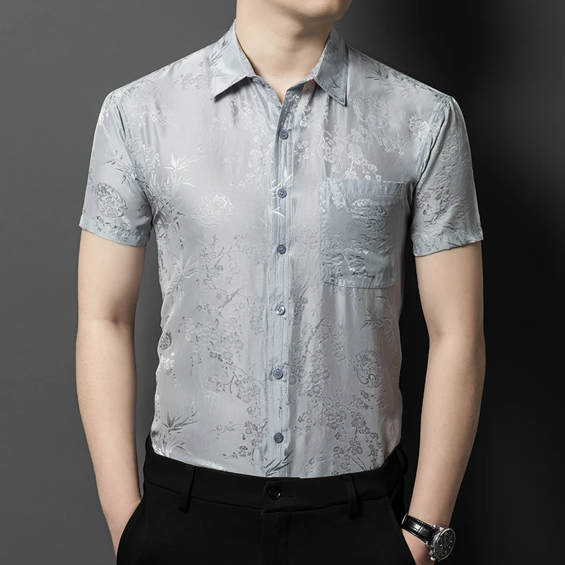 Mulberry Silk Skin-Friendly Shirts For Men Floral Jacquard Cool Summer Quality Chinese Style Short Sleeve Tops Camisas De Hombre