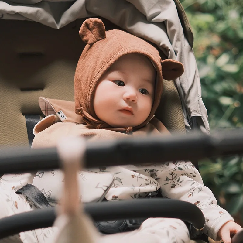 Korean Fashion Baby Bear Ear Flap Hat Beige Pull On Bonnet With Ties For Newborn Photo Prop Infant Headwear Accessory