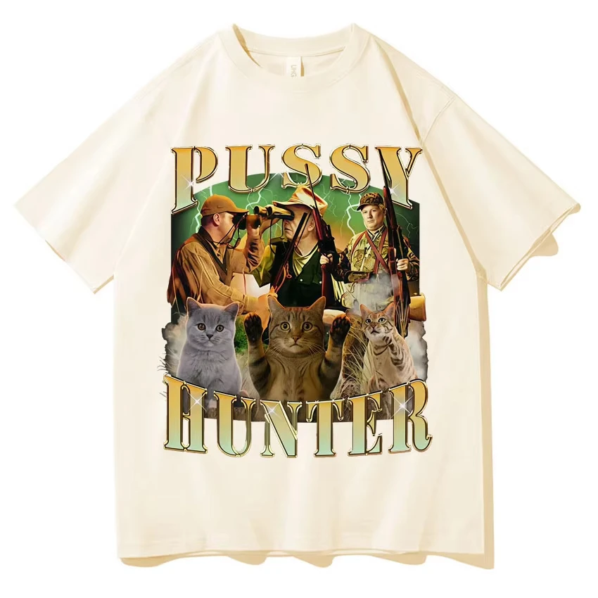 Pussy Hunter Funny Meme Cat Meme Cotton Men's Women Tshirt Y2K Short Sleeve Summer Fashion Tshirts Streetwear Teenagers Tops