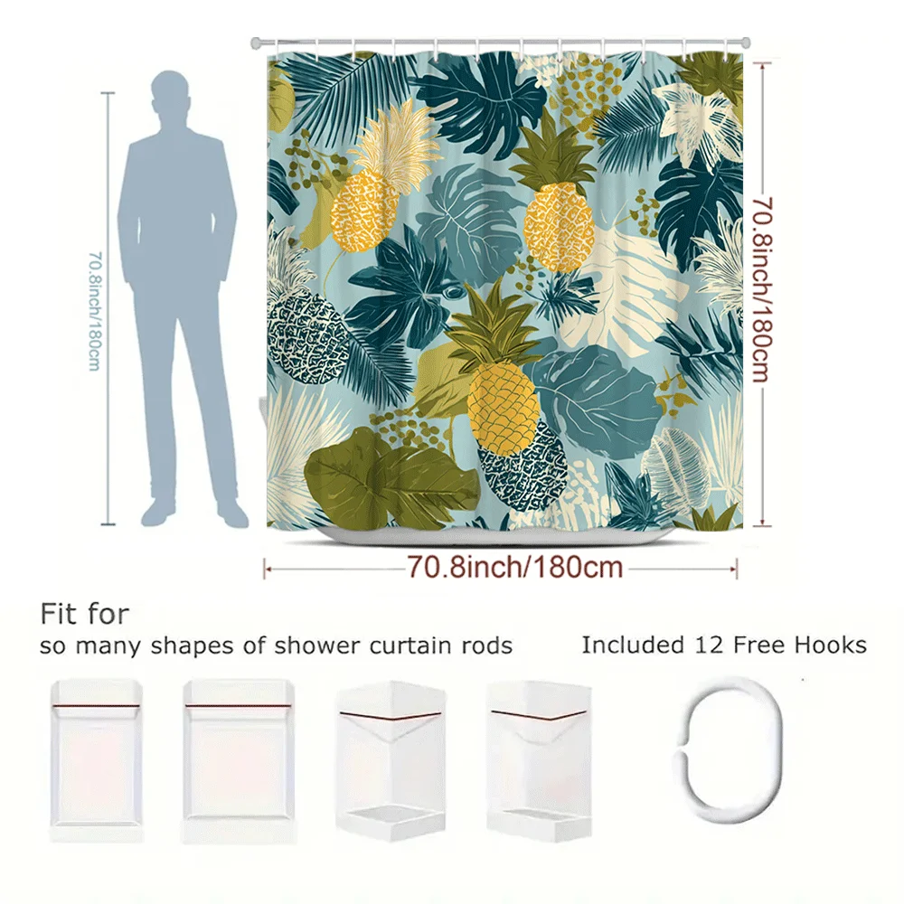 Pineapple & Monstera Illustration Shower Curtain 1pc with 12 Hooks for Bathroom Home Decor Polyester  70.8x70.8 Inch