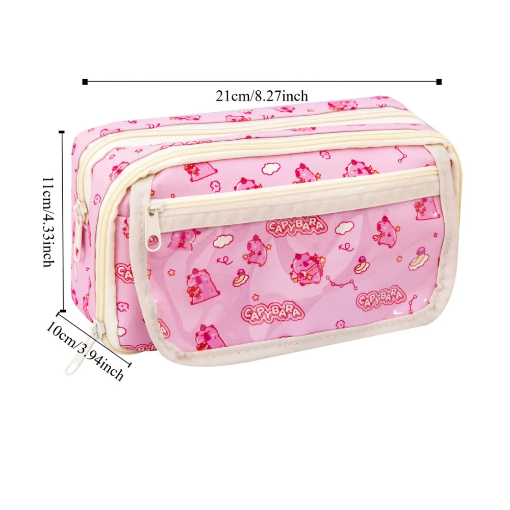 Canvas Capybara Pen Bag Large Capacity Badge Display Cartoon Pencil Cases Storage Bag Multi Layer Stationery Bag