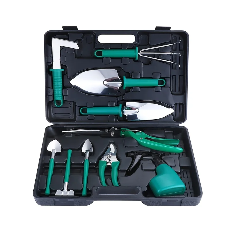 Multifunctional Home Gardening Tool Set Ergonomic Handle Stainless Steel Shovel Pruning Shear Rake Spray Bottle with Storage Box