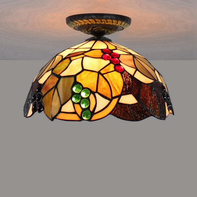 Pastoral Grape Stained Glass House Lamp 12 Inch Tiffany Antique Home Lighting Art Lamp Shade Retro Led Ceiling Lamp