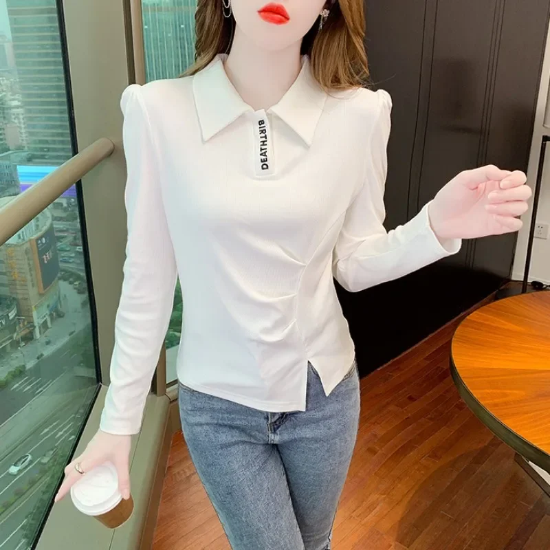 Commute Tops Plain Polo Neck T Shirt for Women Long Sleeve Pretty Korean Style Clothing Synthetic Y2k Fashion 2025 Woman Tshirt