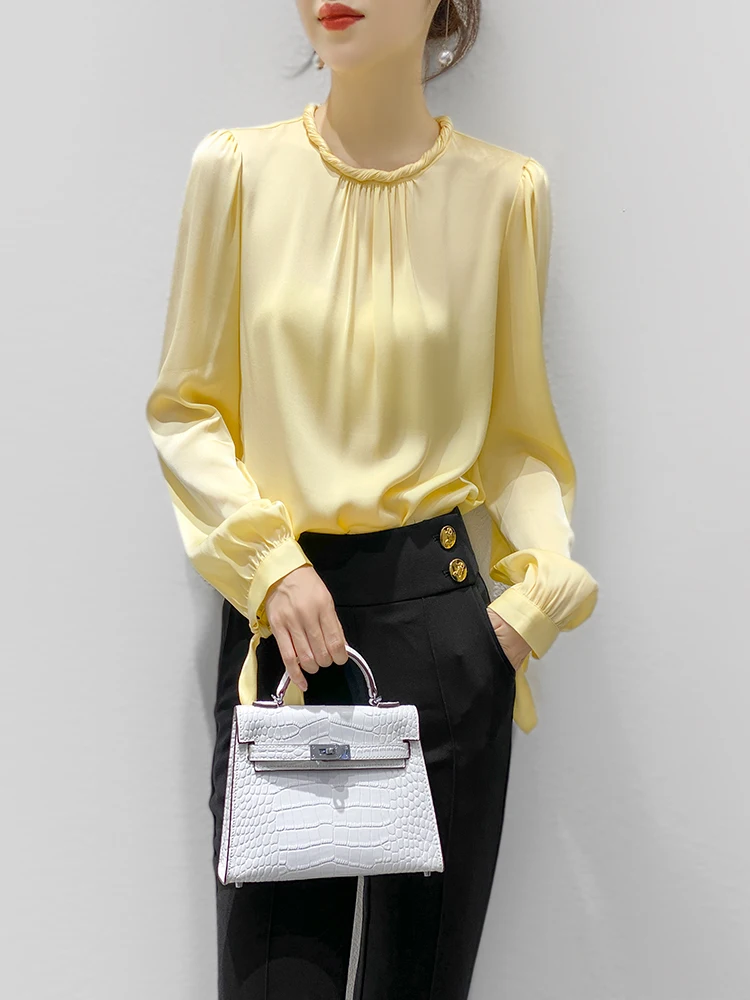 

Ele Silk irt Women's Faionable Luxury Spring New Top Design Sense Heavyweight Silk Long Sve Breathable