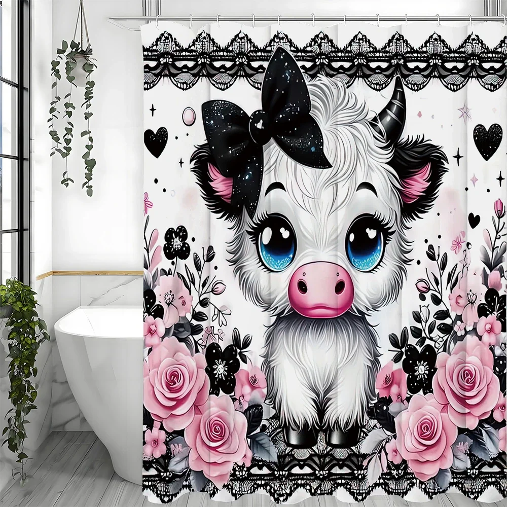 

Cute Highland Cow Black Bow Floral Farm Animal Shower Curtain, Bathroom Decorative Shower Curtain, Waterproof Shower Curtain wit