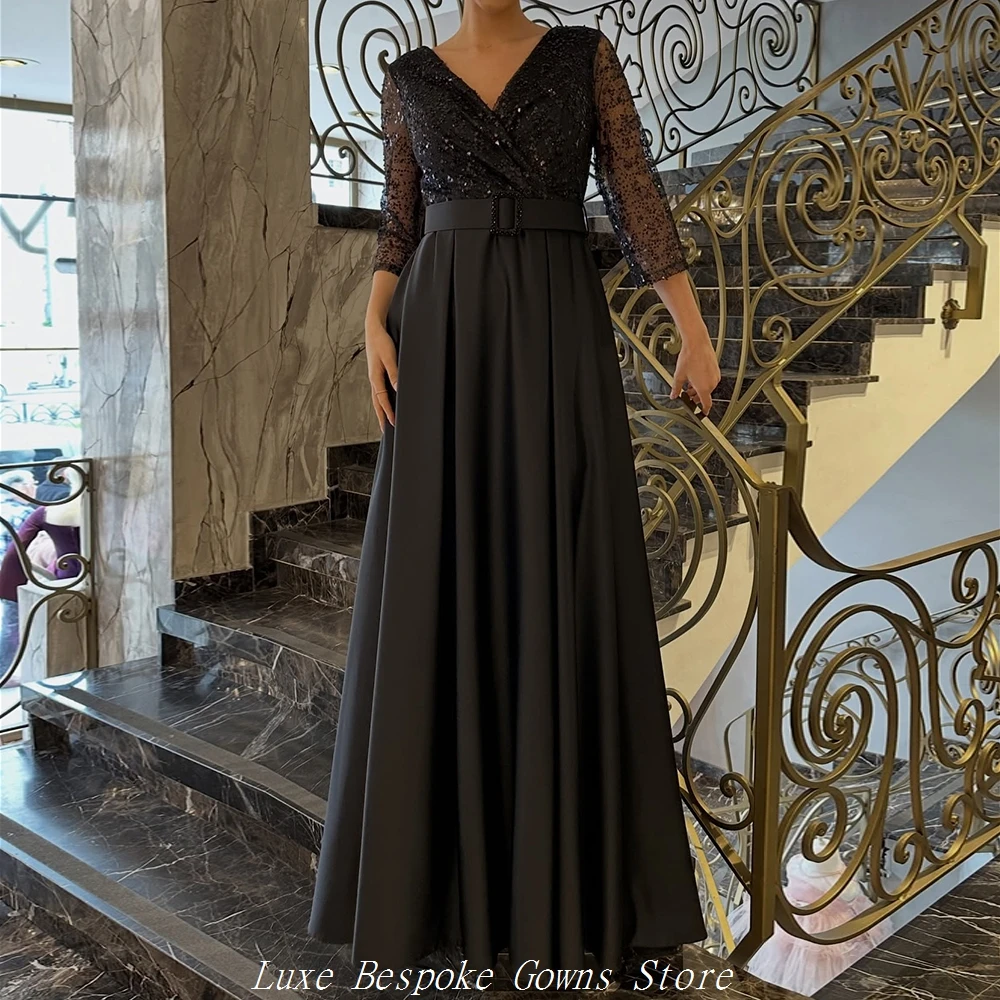 

Women's A-line Evening Dresses Floor-length V-neck Three Quarter Sleeve Prom Dresses Fashion Sequined Draped Customized Gowns