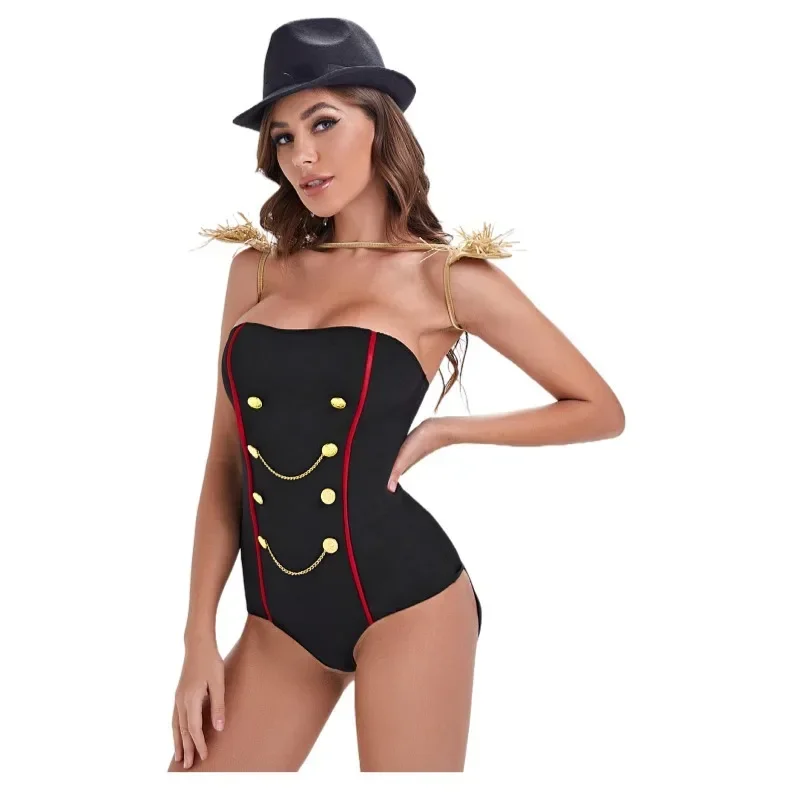 

Adult Women Circus Ringmaster Bodysuit Teddy Costume Wild Animal Trainer Clowns Girl Elasticity Chain Tube Top Magician Jumpsuit