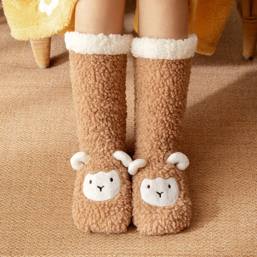 Fuzzy Sock Thermal Womens Kawaii Plush Grip Winter Warm Soft Female Home Indoor Silicone Non slip Thick Slipper Floor Sock Gift