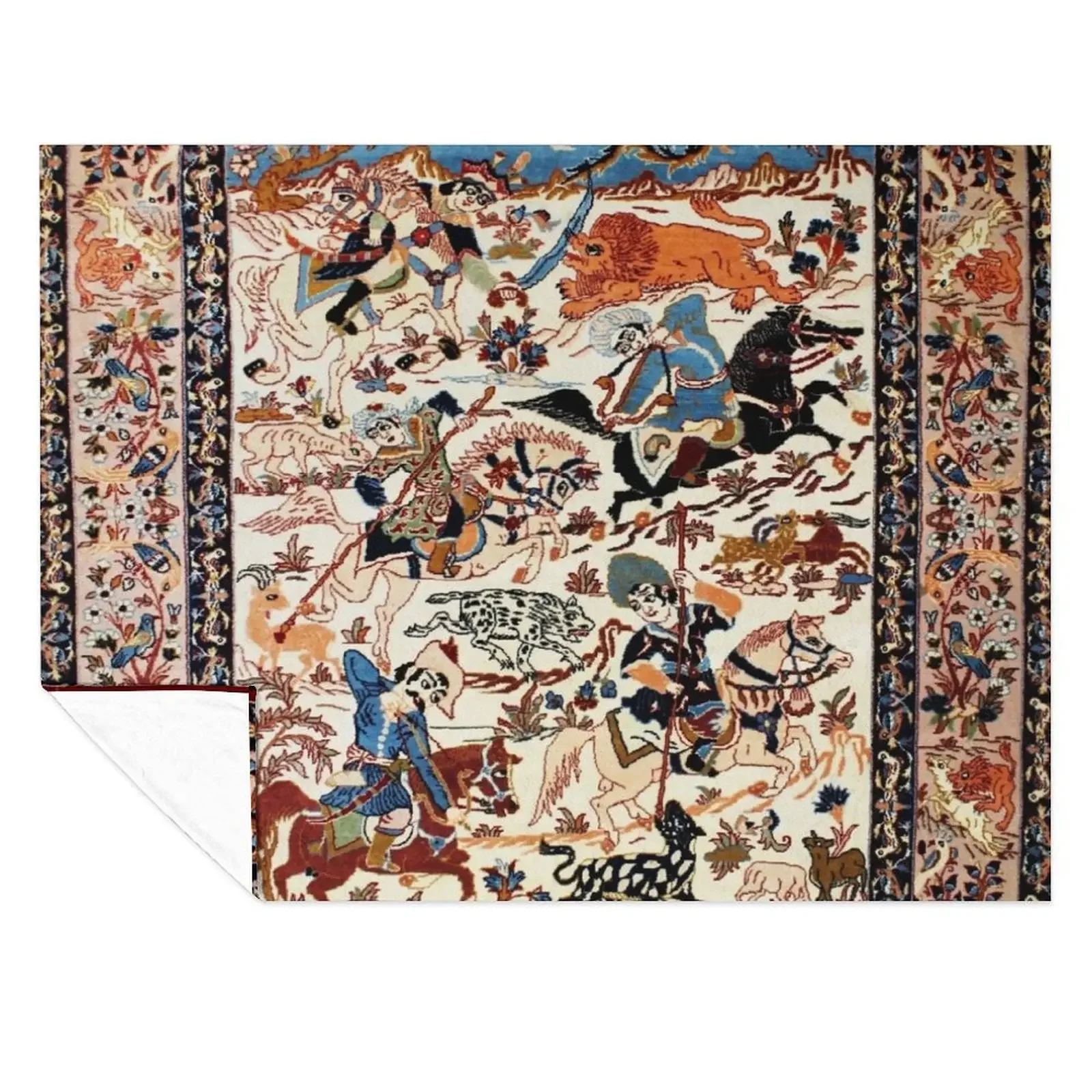 

Blue Antique Persian Isfahan Silk Rug with Flowers Animals Print Throw Blanket Bed Heavy christmas gifts Baby Blankets
