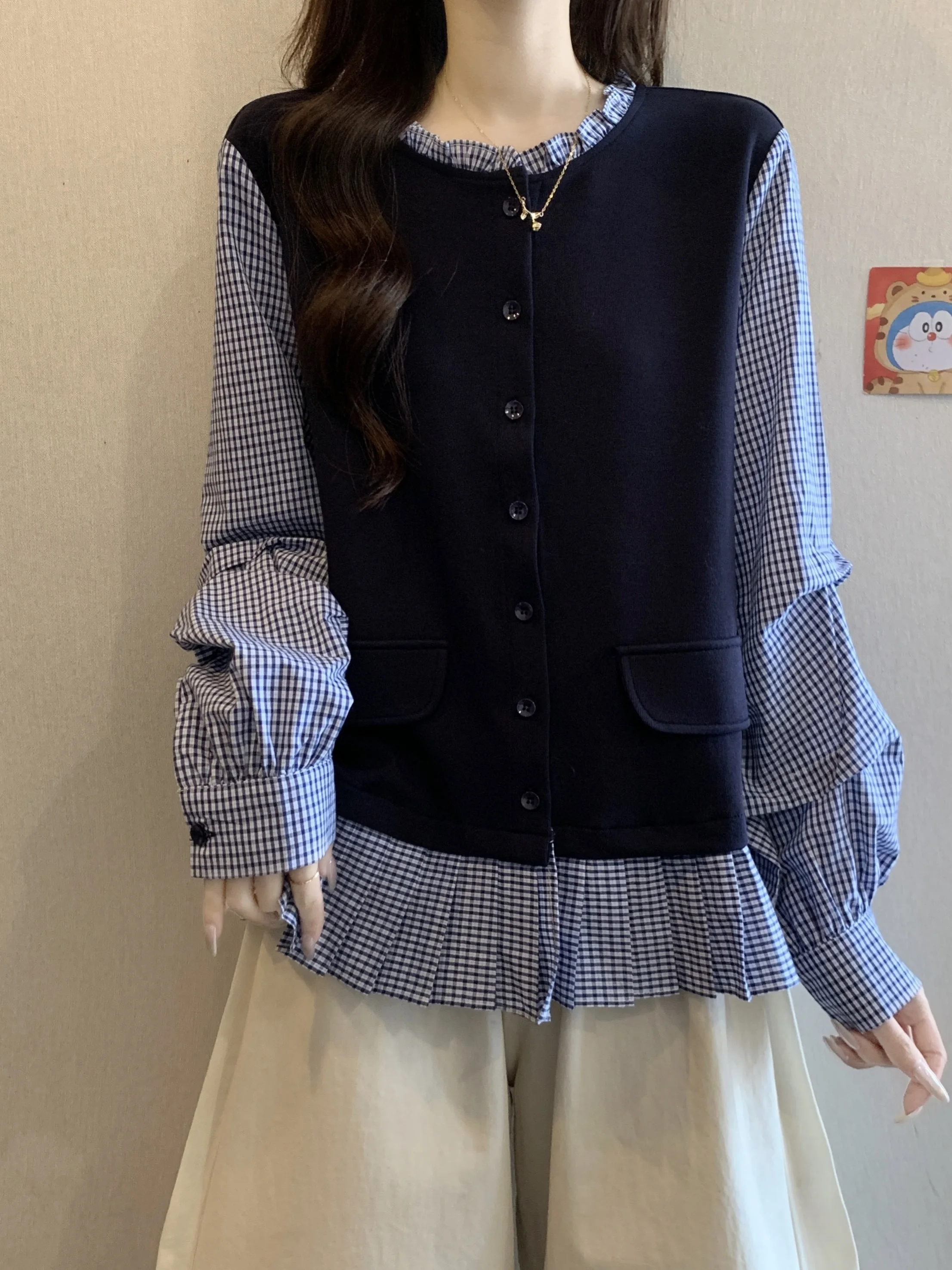 

plus Size irt round Ne Long Sve Women's Autumn Winter Faion Color Blo Design Versatile Top French Sle Straight Cut