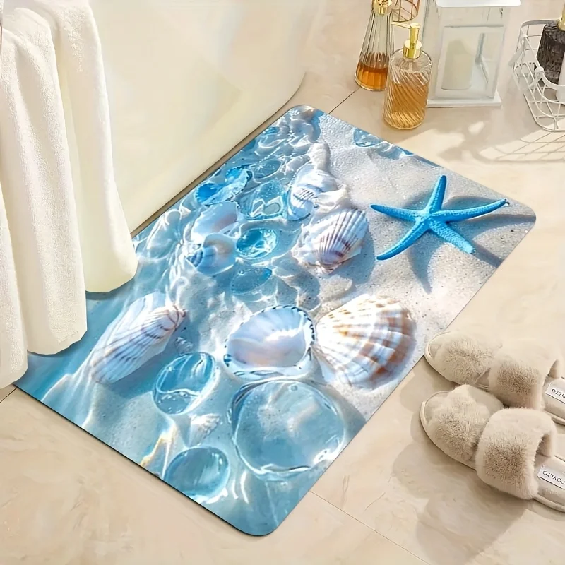 Printed Beach Mat Bathroom Rug Polyester Coastal Seashell Starfish Ocean Themed Doormat for Home and Bathroom Decor