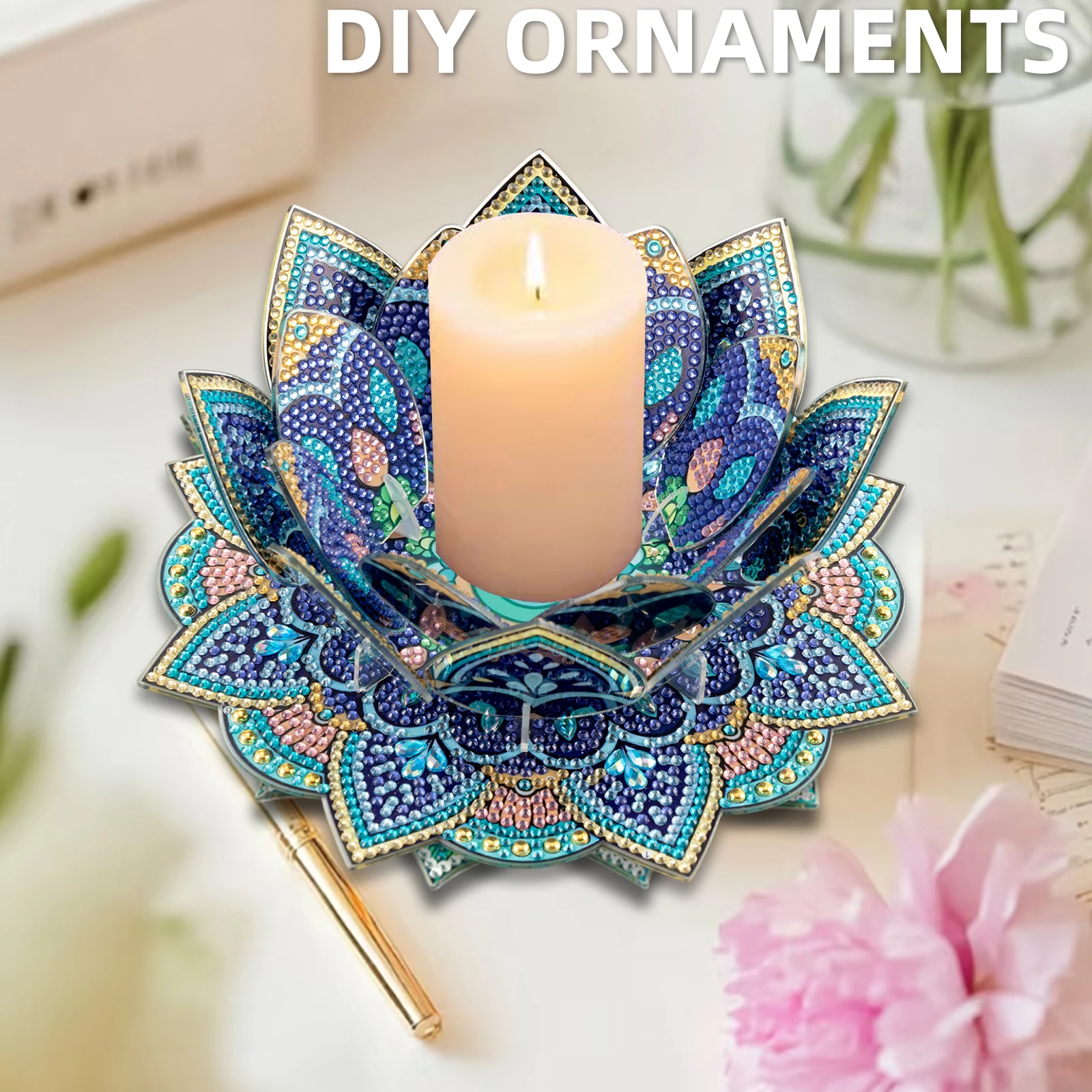5D DIY Diamond Art Painting DIY Acrylic Desktop Ornament Lotus Candlestick Holder Centerpiece for Bedroom Wedding Party view 4