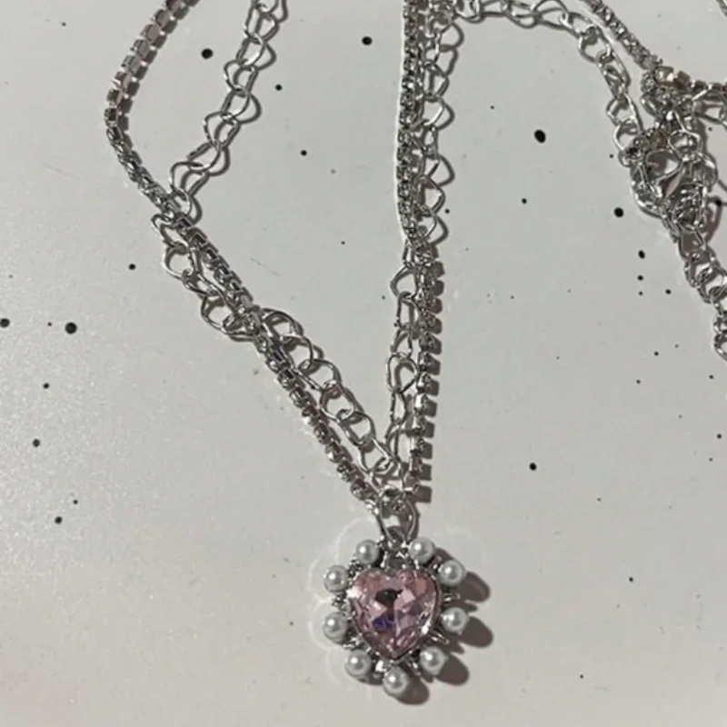 4Pcs Y2K Necklace Set Pink Imitation Crystal Angel Wing Black Heart shaped Black Cross Mixed Silver Chain Stackable Women's Jewe