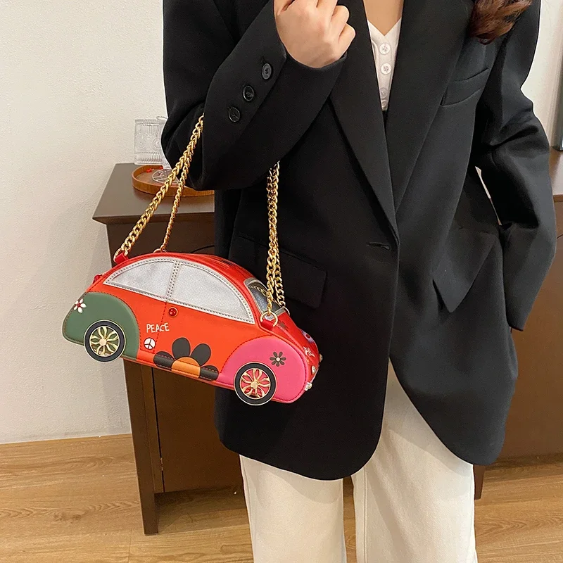 

Unique Design Personality Exquisite Chains Handbags for Women Super Cool Cartoon Pu Car Shape Shoulder Bags