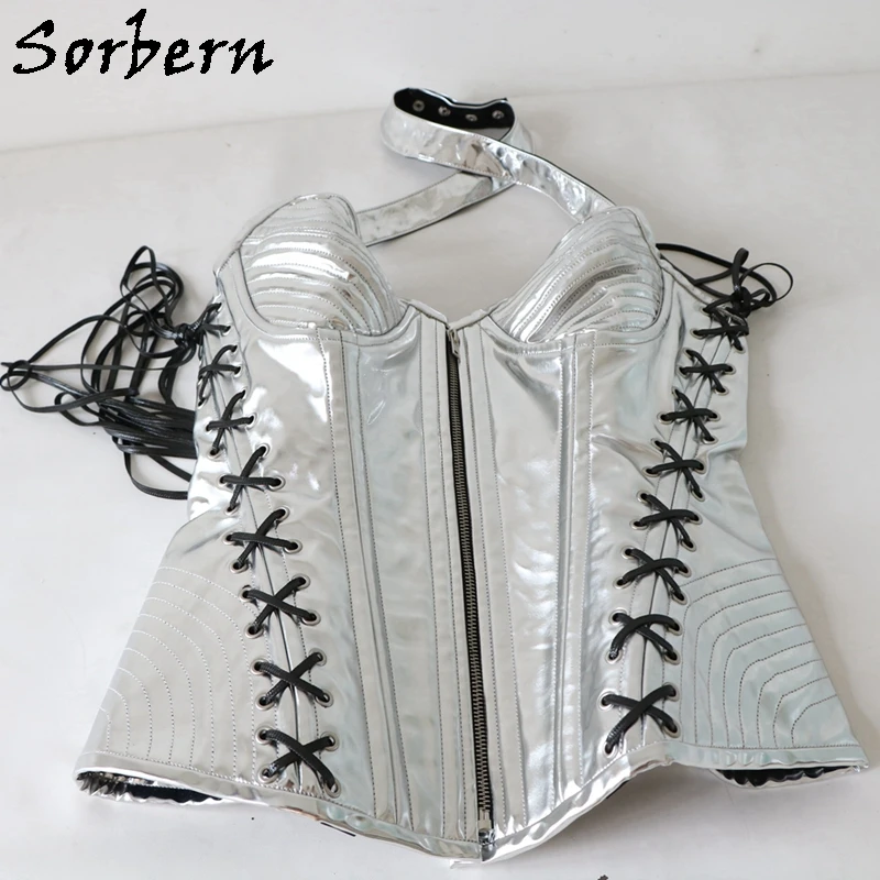 Sorbern Customized Lace Up Corset Cross Strap Neck Bdsm Lacing Strap Multi Colors Zipper Front Patent Leather
