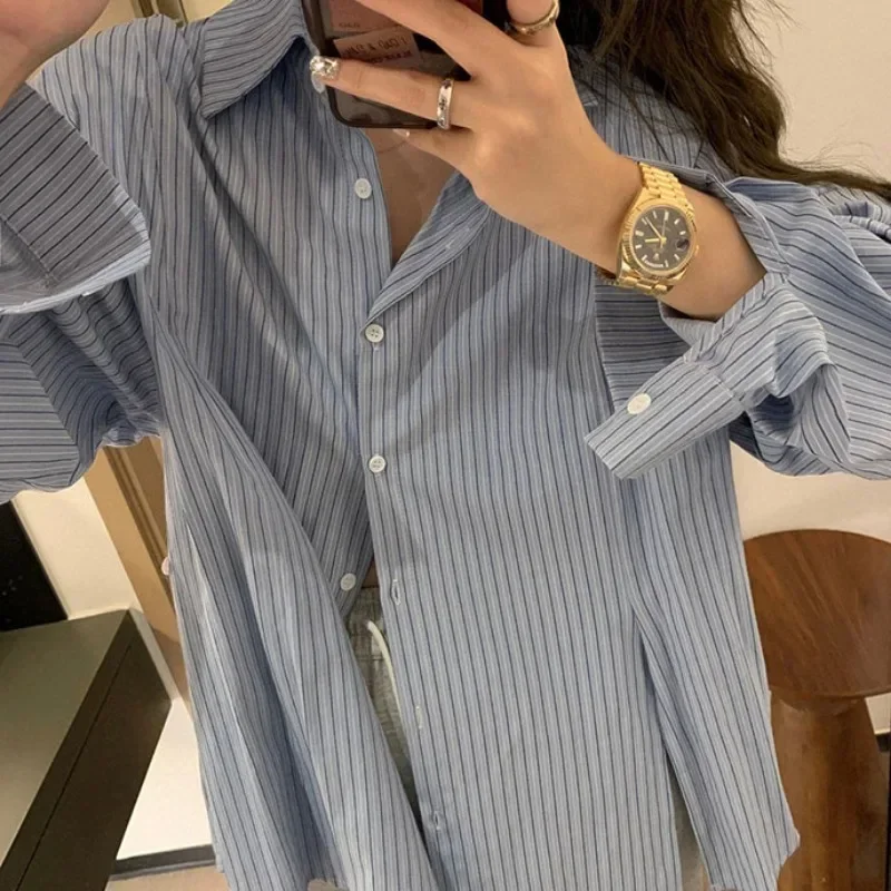 Striped Turn-down Collar Shirts for Women Casual Irregular Streetwear All-match Young Loose Fit Ins Korean Style Spring Popular
