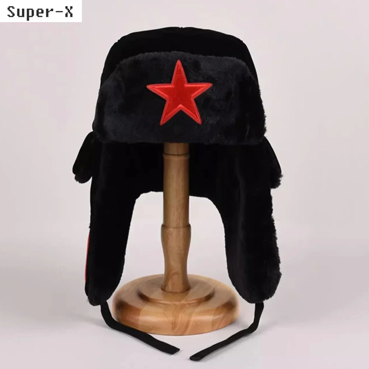 Mens Boys Winter Hat Red Star Label Aviator Ski Bomber Cap Parent-child Trapper Ear Flaps Black Russian Hat Fluffy Faux Fur