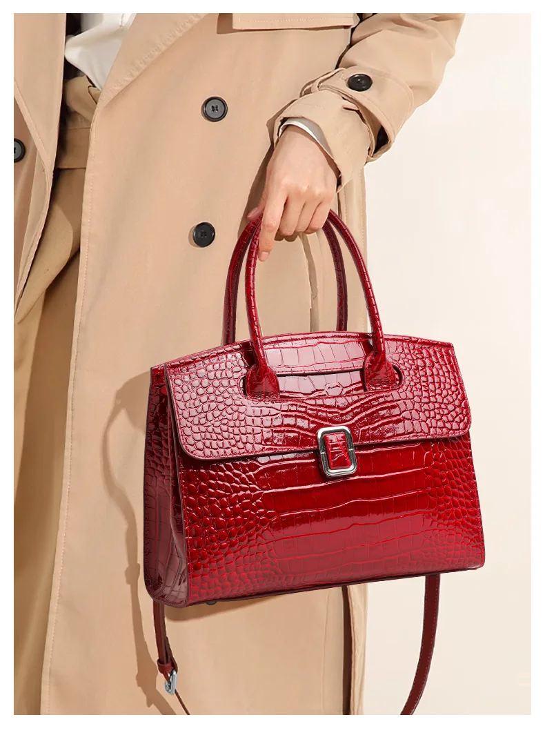 Große Kapazität Damen-Handtasche aus Kuhleder Glänzendes Kroko-Muster Klapptasche Abnehmbarer Riemen Crossbody Geschäftstasche – Detail 1
