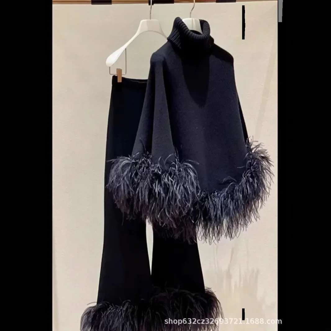 Loose Oversized Black Pullover Sweater Women's Luxury Socialite Ostrich Fur Long-sleeve Knitted Sweater Cape New Winter Sweaters