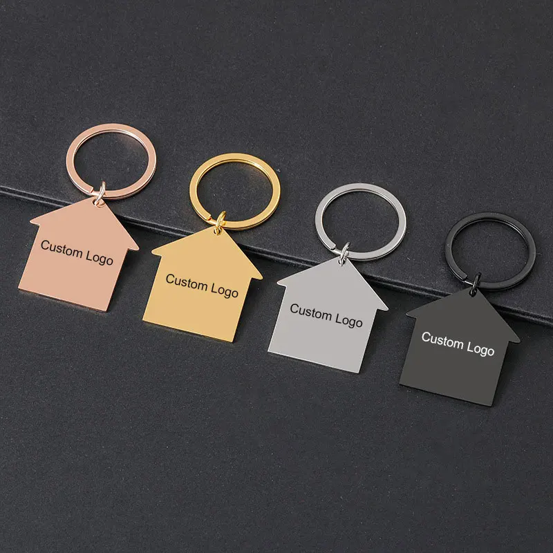 Customized Laser Engraved Logo Stainless Steel Inner Hole House Keychain Fashion Stainless Steel For Customers Guests As Gifts