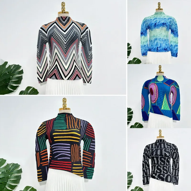 

Miyake Pleated Casual Print Top 2025 New Arrival Long-Sleeve Elegant Fitted Stretch Pullover Versatile Slimming Layering T-Shirt
