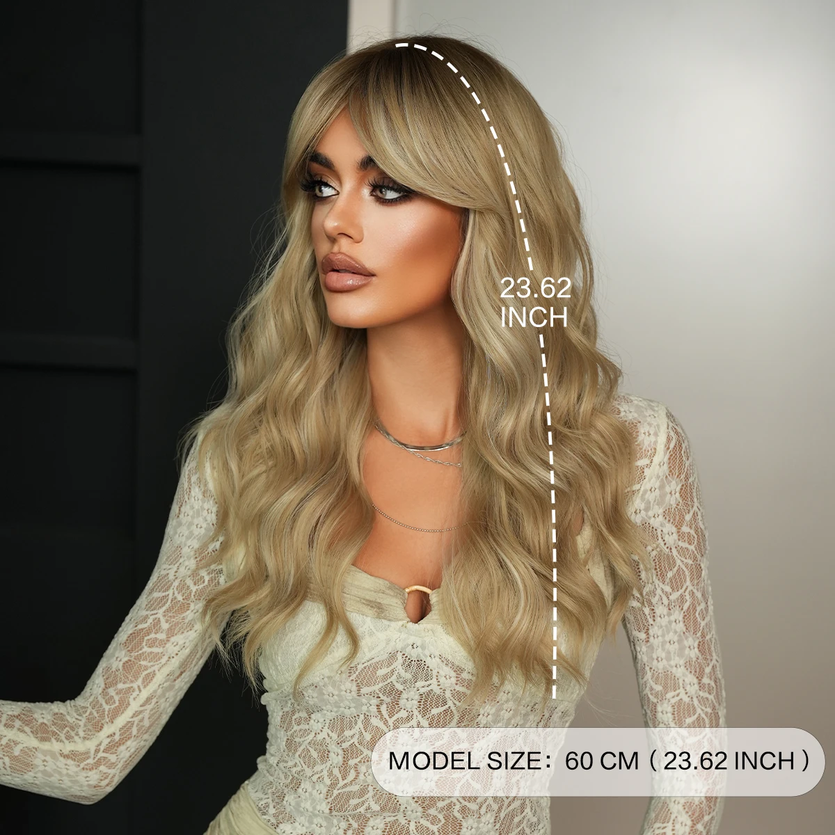 NAMM Long Wave Blonde Wigs For Women With Bangs Natural Looking Soft Dark Roots High Quality Synthetic Heat Resistant Fiber Wig